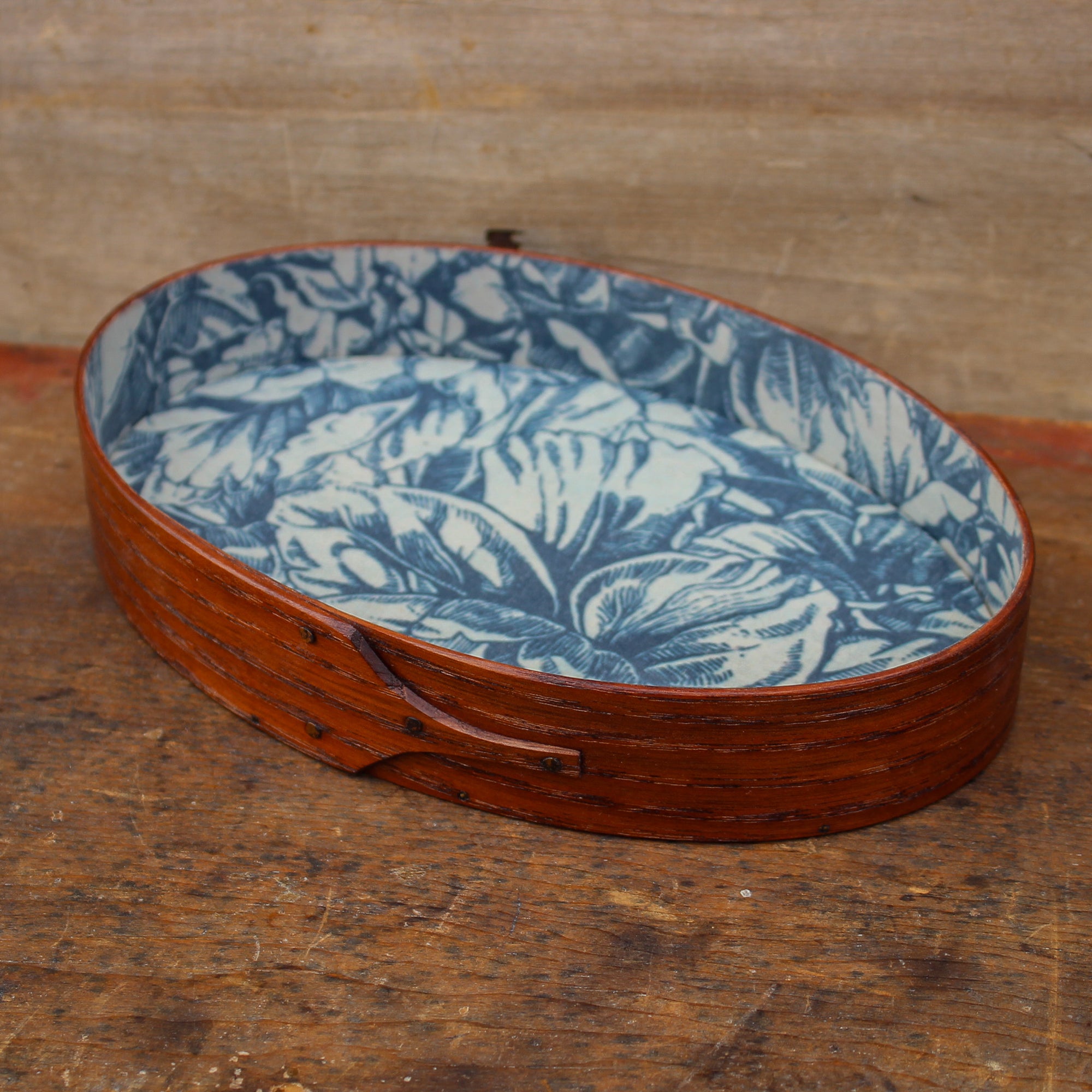 Size #3 Oval Stitcher's Tray with Blue Botanical Lining, Antiqued Natural Finish