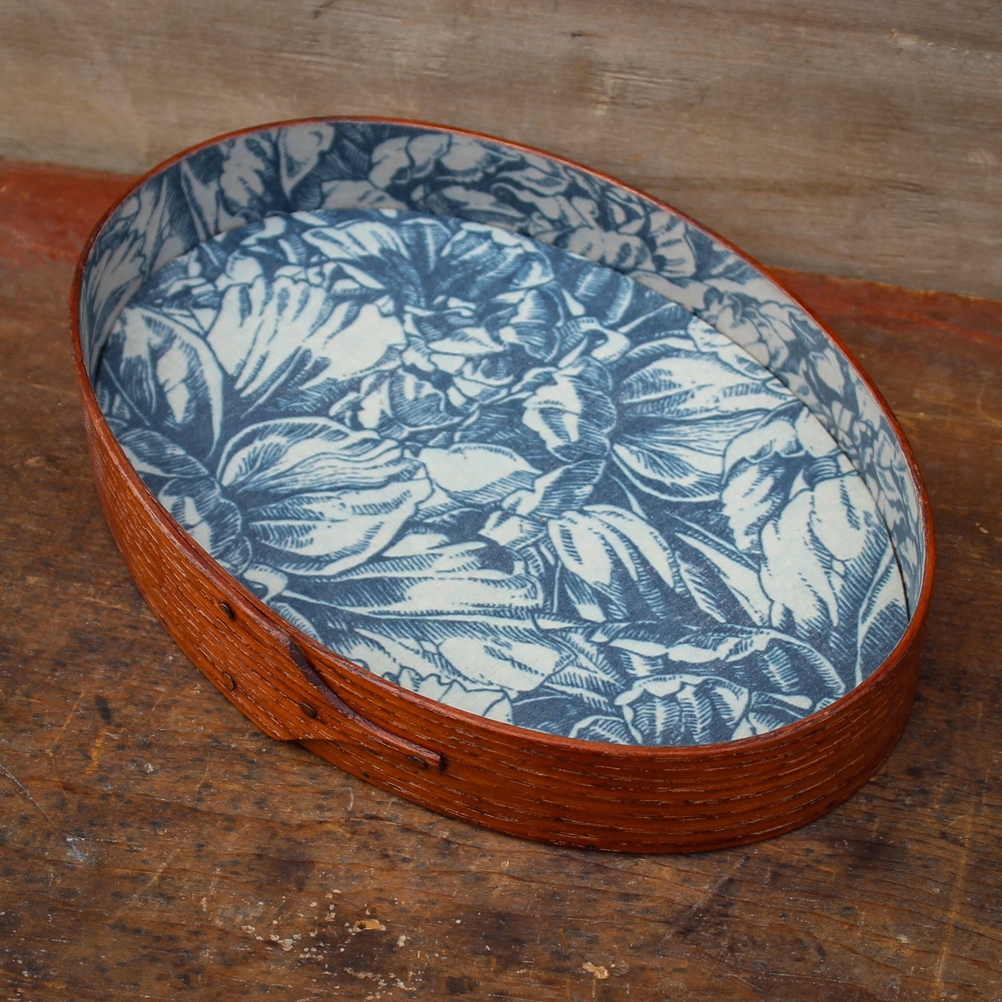 Size #4 Oval Stitcher's Tray with Blue Botanical Lining, Antiqued Natural Finish