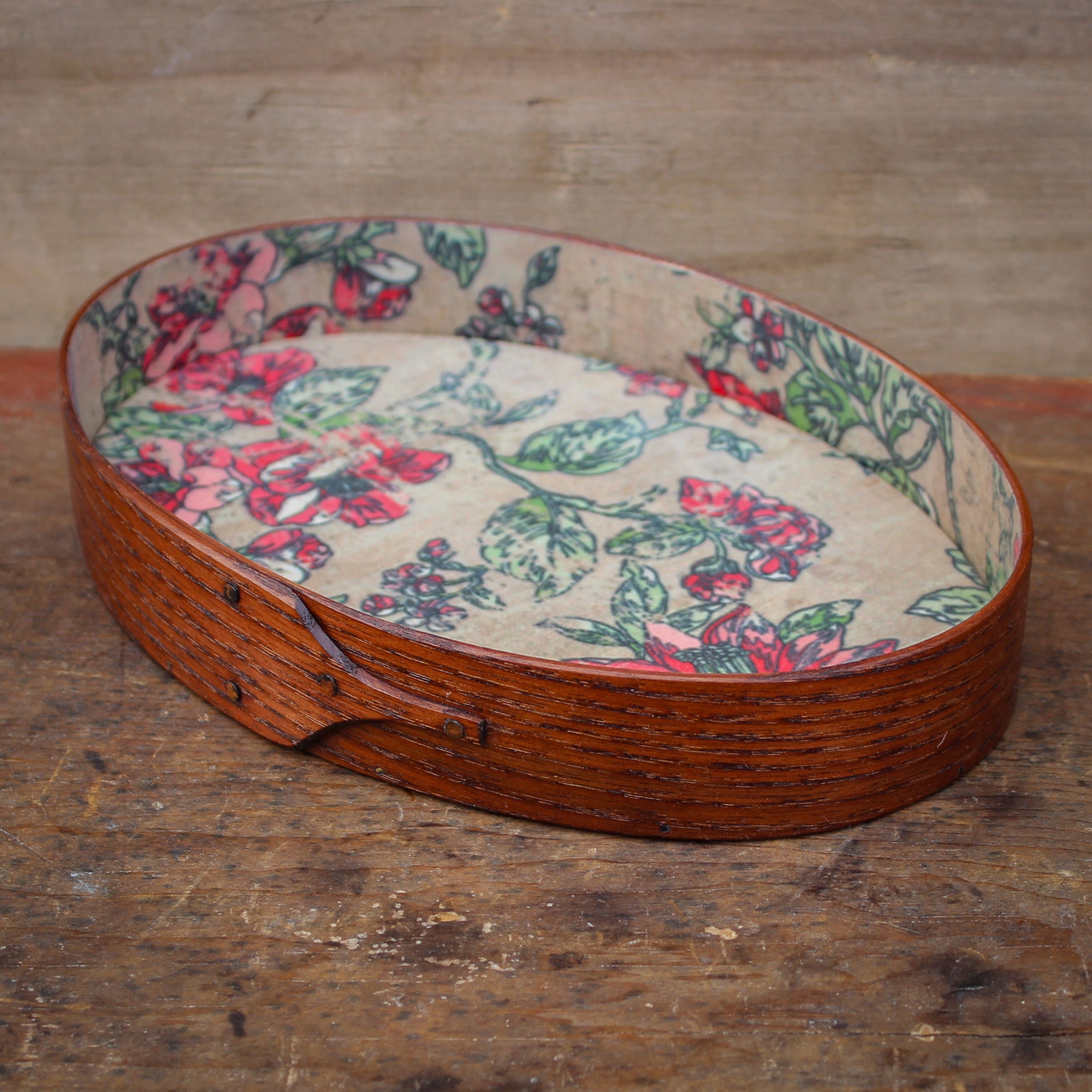 Size #4 Oval Stitcher's Tray with Red Floral Lining, Antiqued Natural Finish