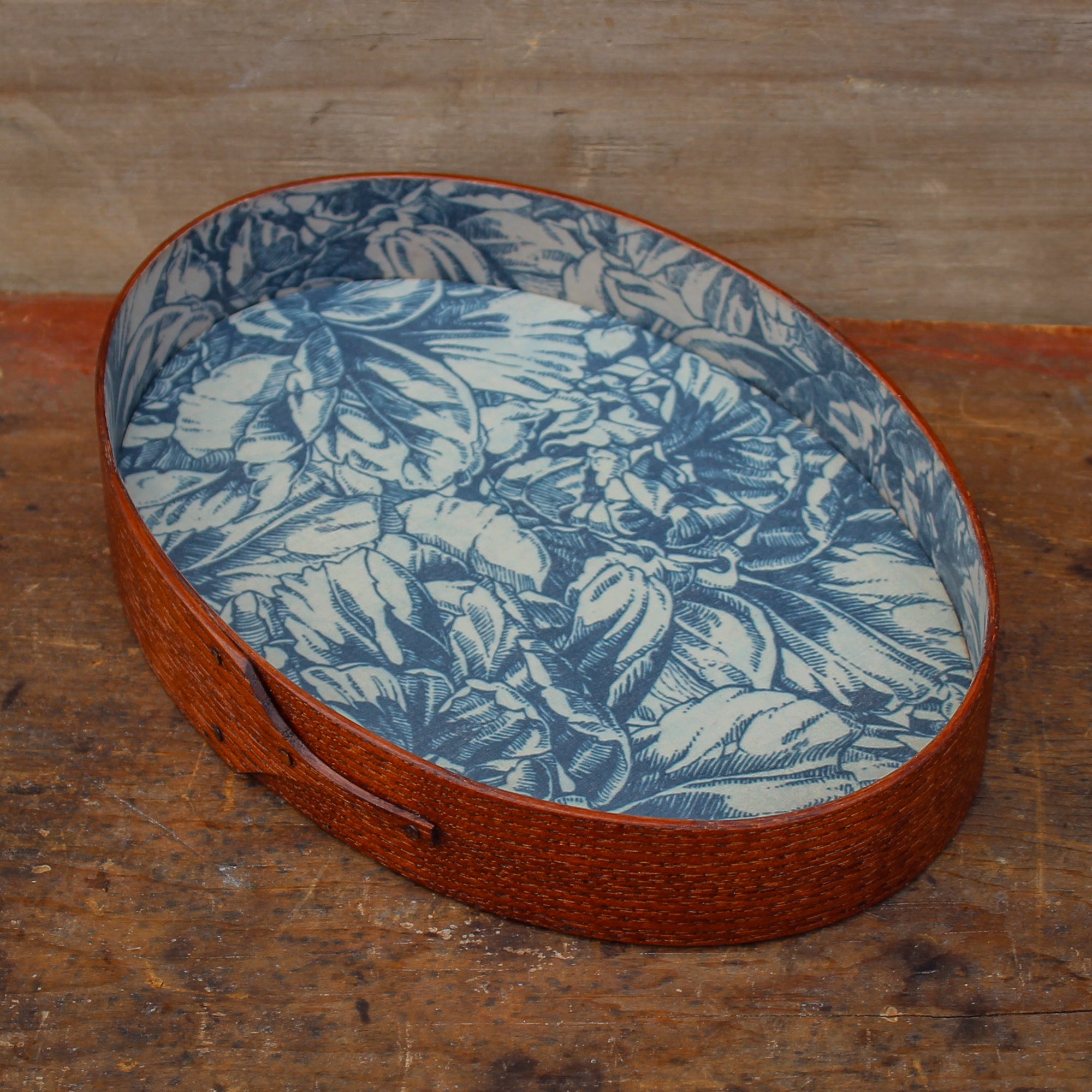 Size #5 Oval Stitcher's Tray with Blue Botanical Lining, Antiqued Natural Finish