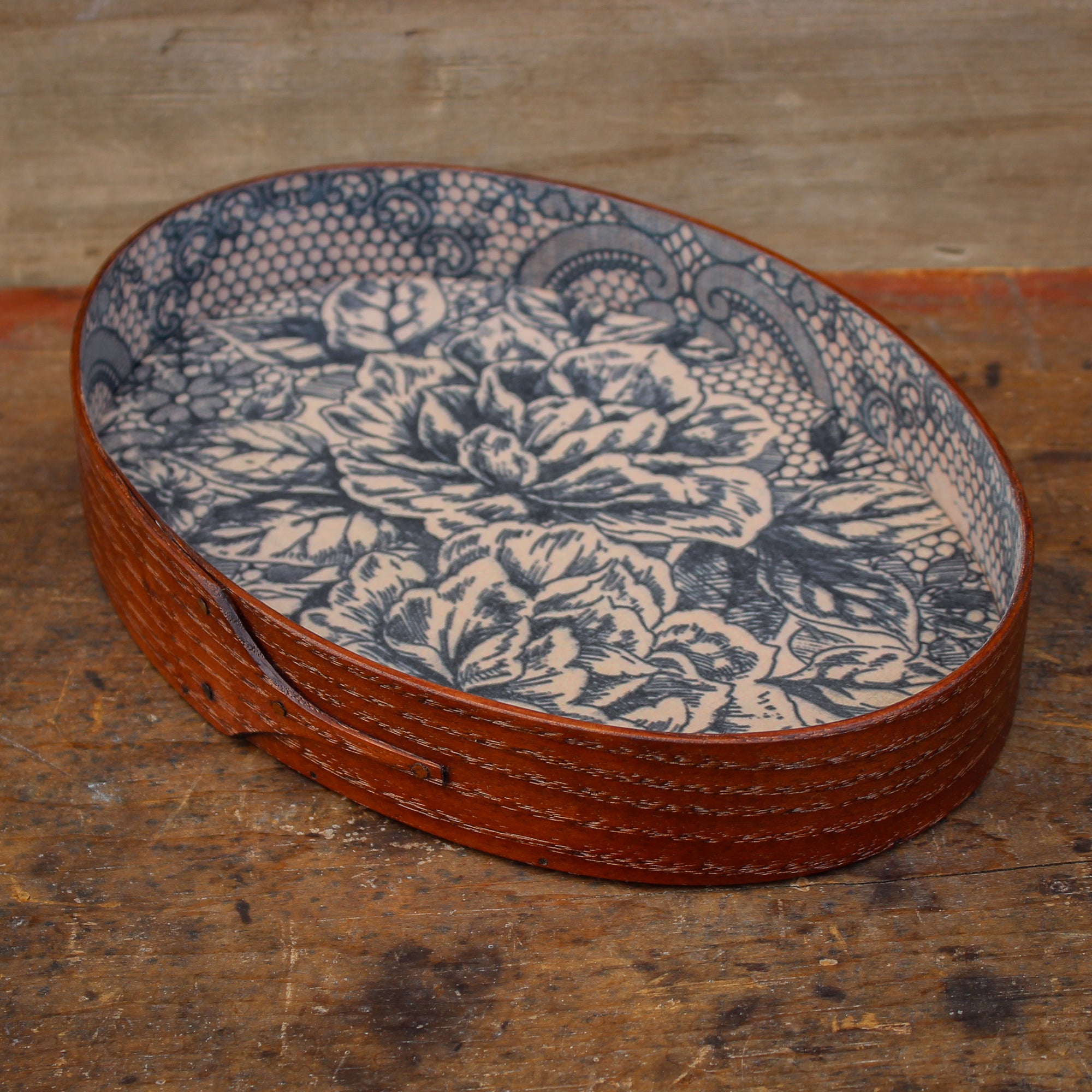 Size #5 Oval Stitcher's Tray with Honeycomb Floral Lining, Antiqued Natural Finish