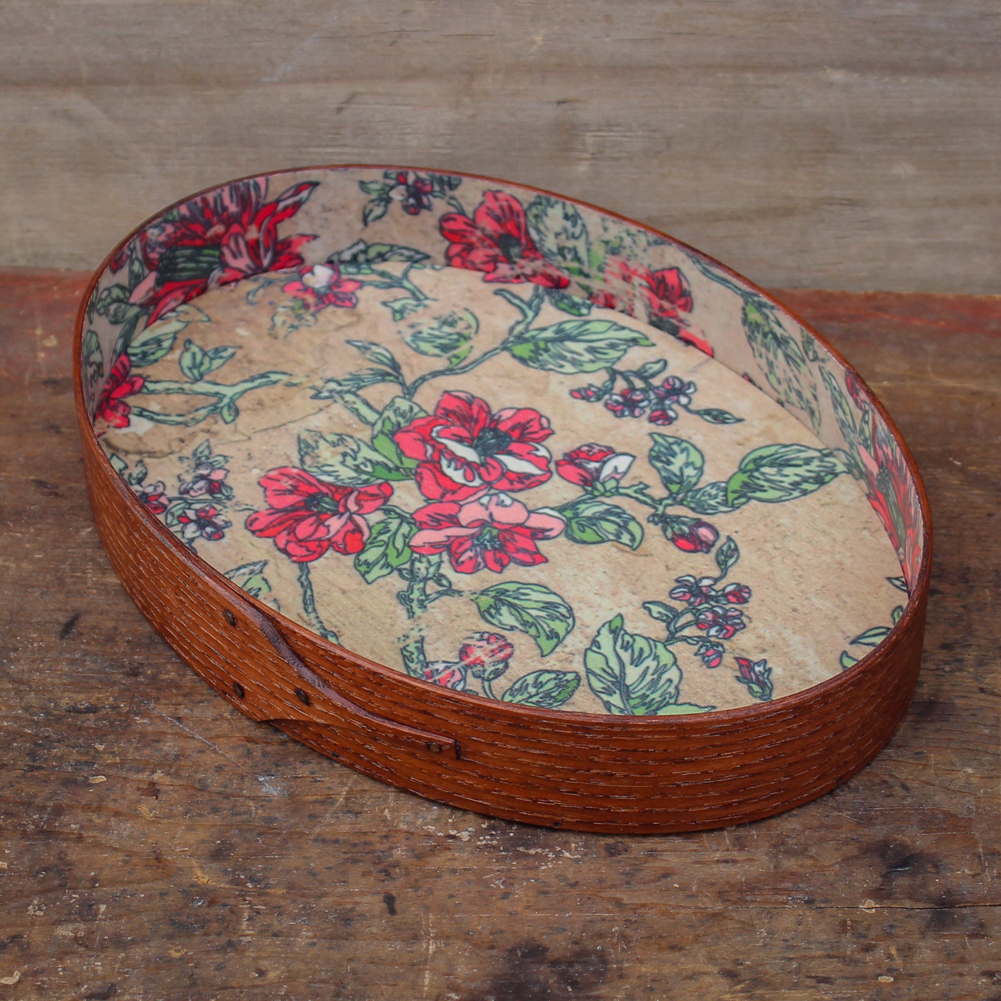 Size #5 Oval Stitcher's Tray with Red Floral Lining, Antiqued Natural Finish