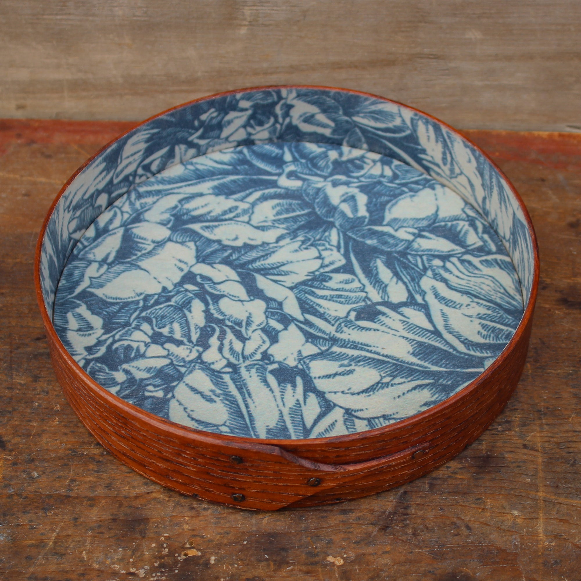 Round Stitcher's Tray with Blue Botanical Lining, Antiqued Natural Finish