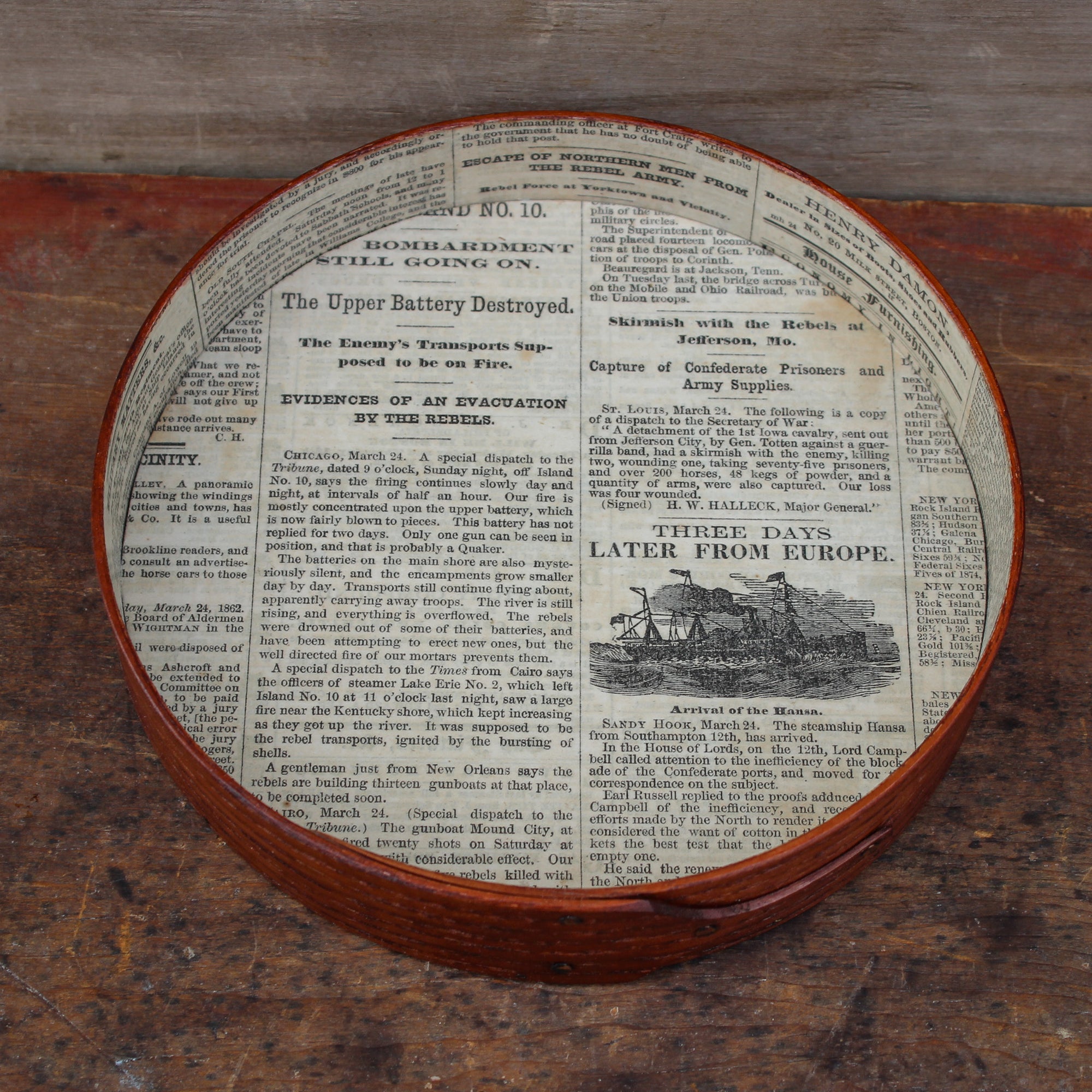 Round Stitcher's Tray with Civil War Newspaper Lining, Antiqued Natural Finish