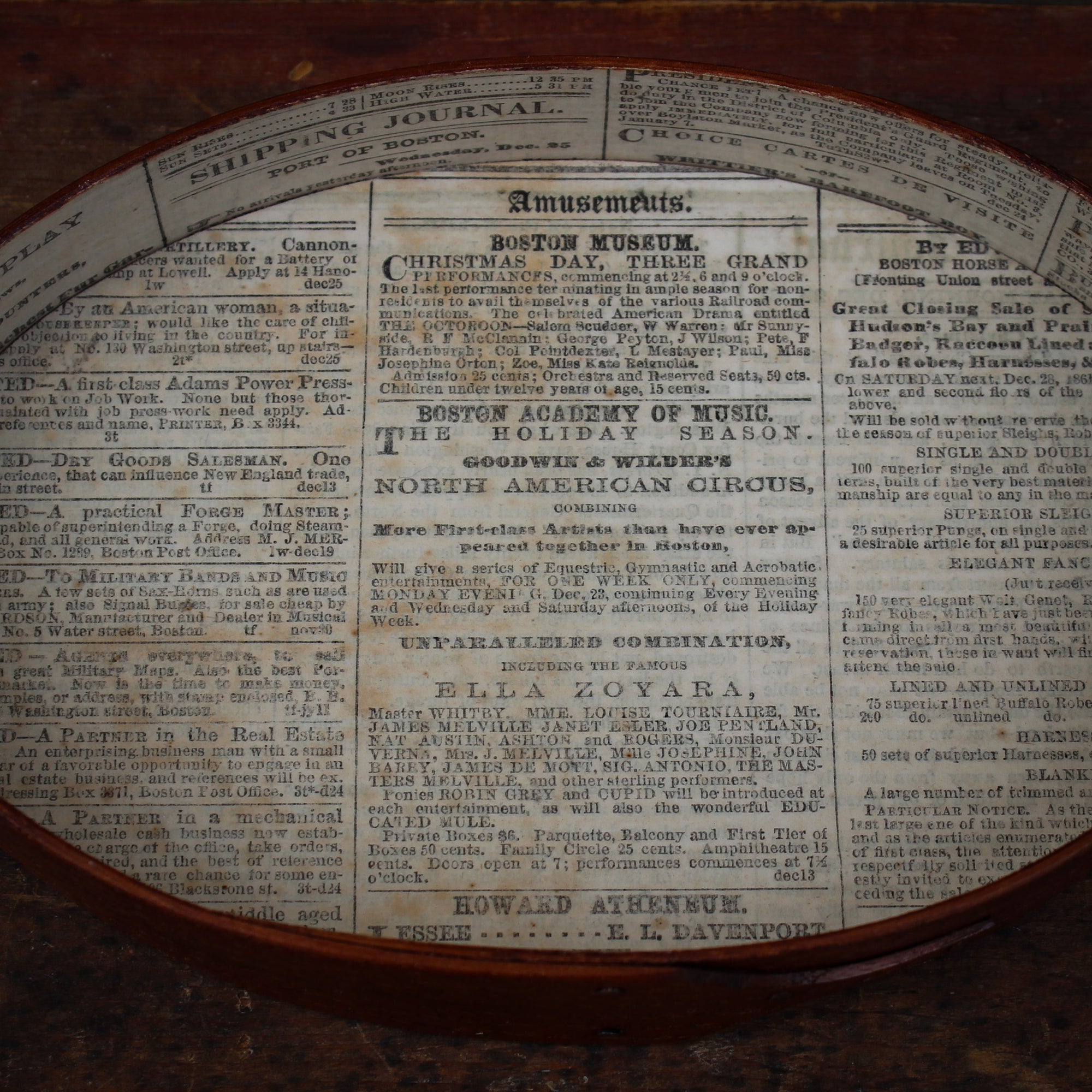 Size #3 Oval Stitcher's Tray – Christmas 1861 Newspaper Advertising