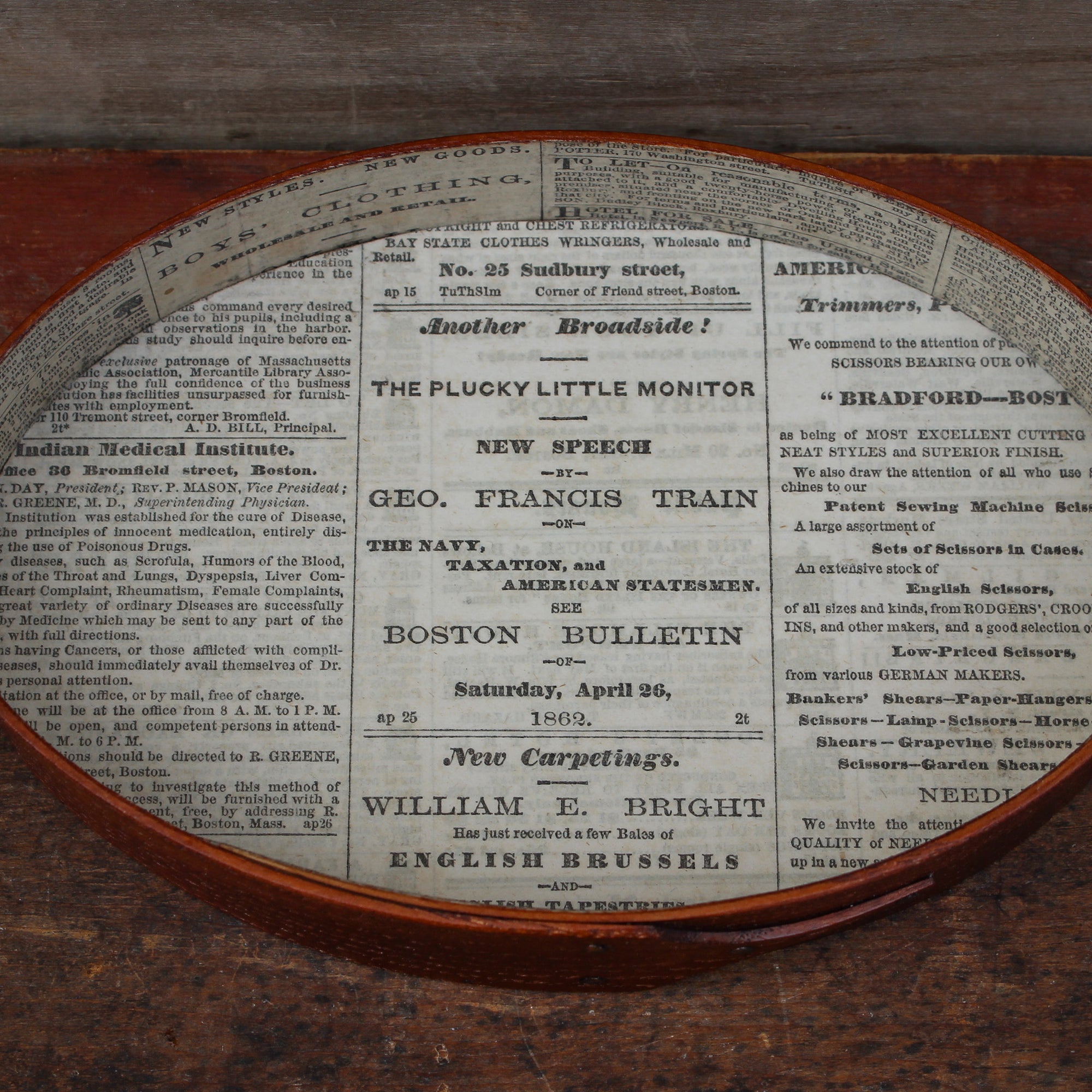 Size #3 Oval Stitcher's Tray – "Plucky Little Monitor" – Civil War Newspaper Lining