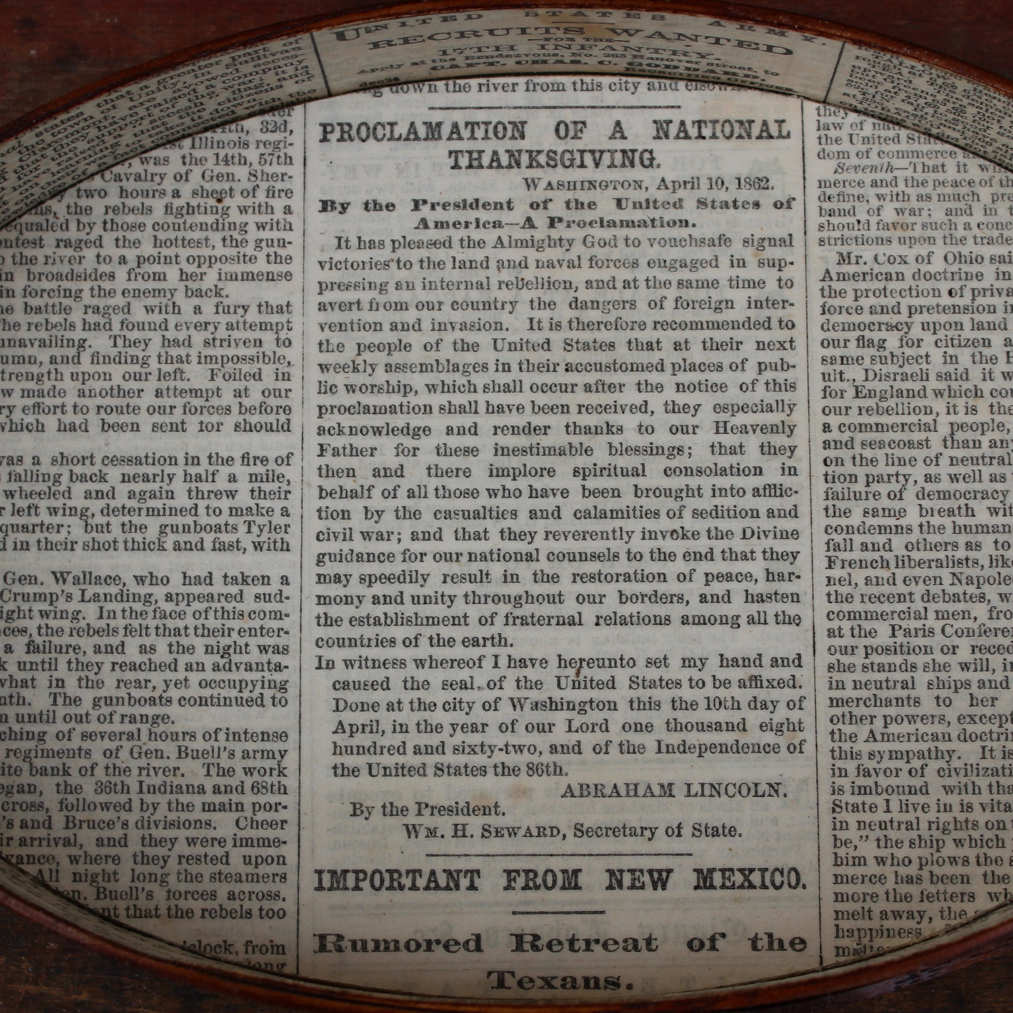 Size #3 Oval Stitcher's Tray – Proclamation of a National Thanksgiving – Civil War Newspaper Lining