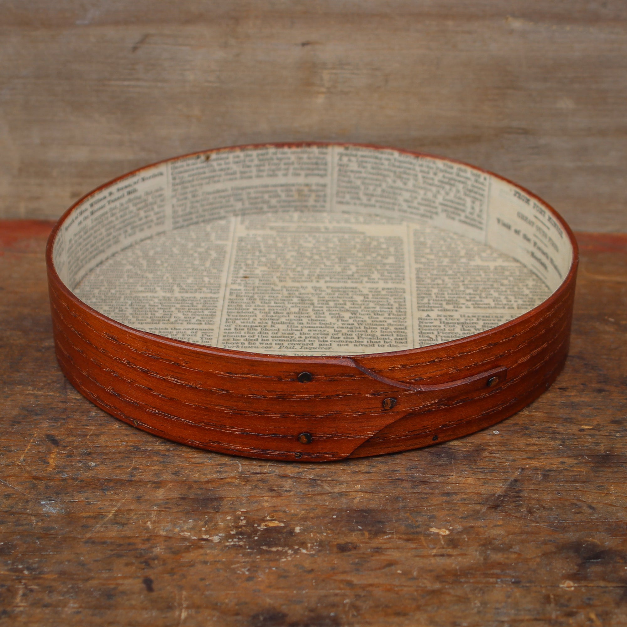 Round Stitcher's Tray – "The Sleeping Sentinel" – Civil War Era Newspaper Lining