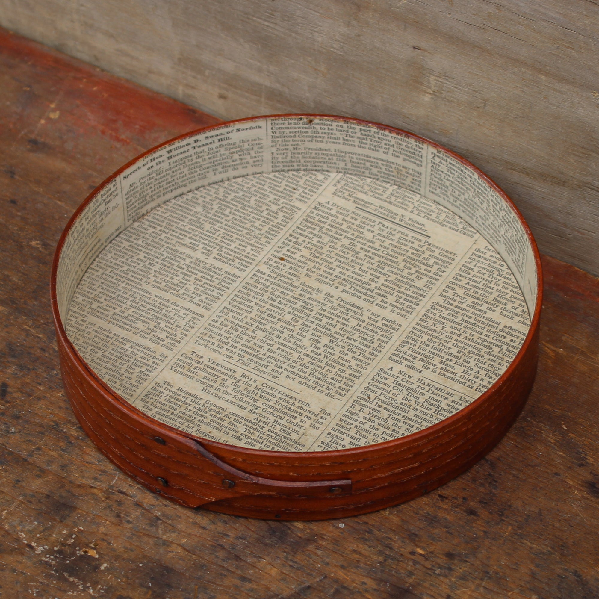 Round Stitcher's Tray – "The Sleeping Sentinel" – Civil War Era Newspaper Lining