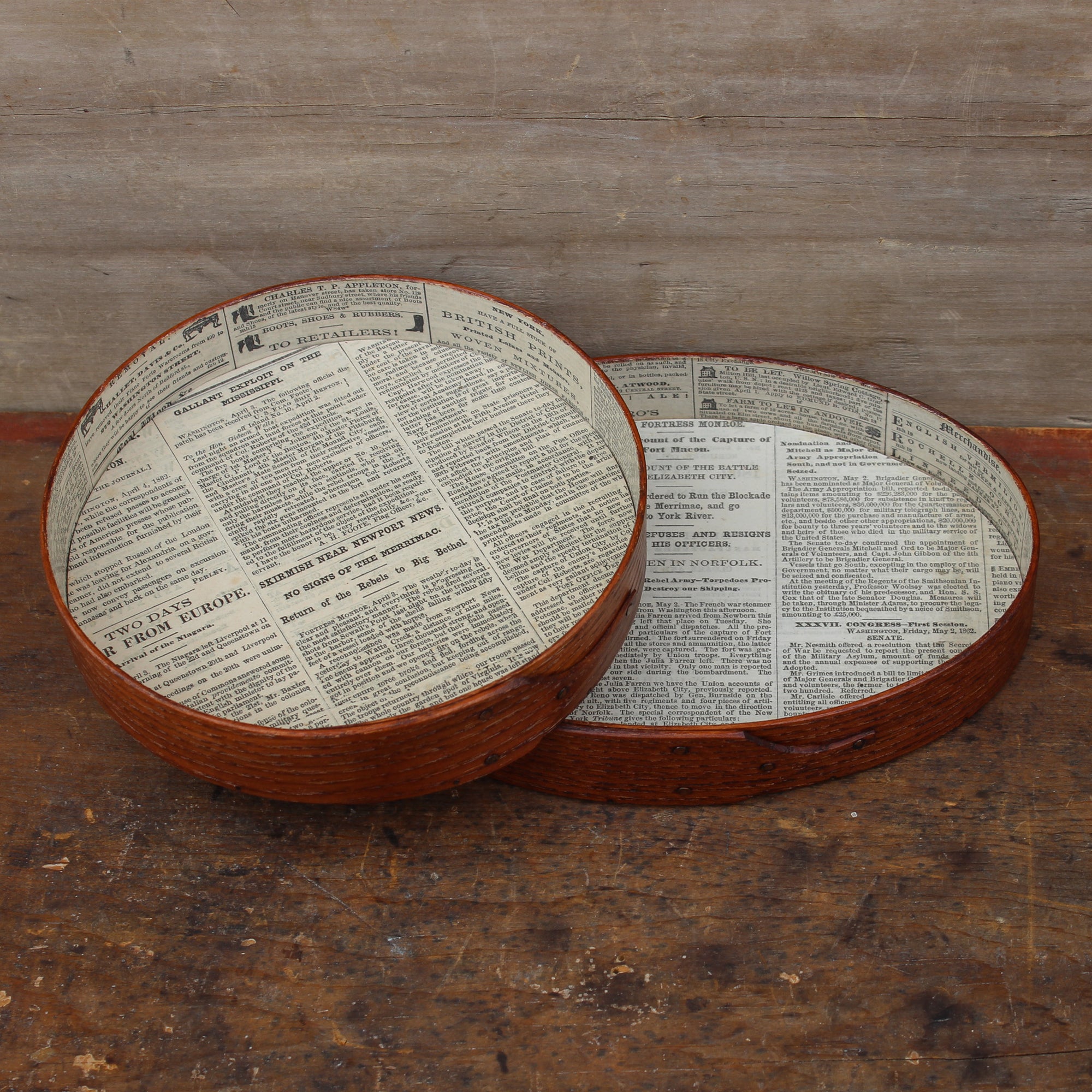 *Discounted* Set of two trays (Size #4 and Round Tray) Civil War-Era Newspaper Lined – 2nd, Discounted