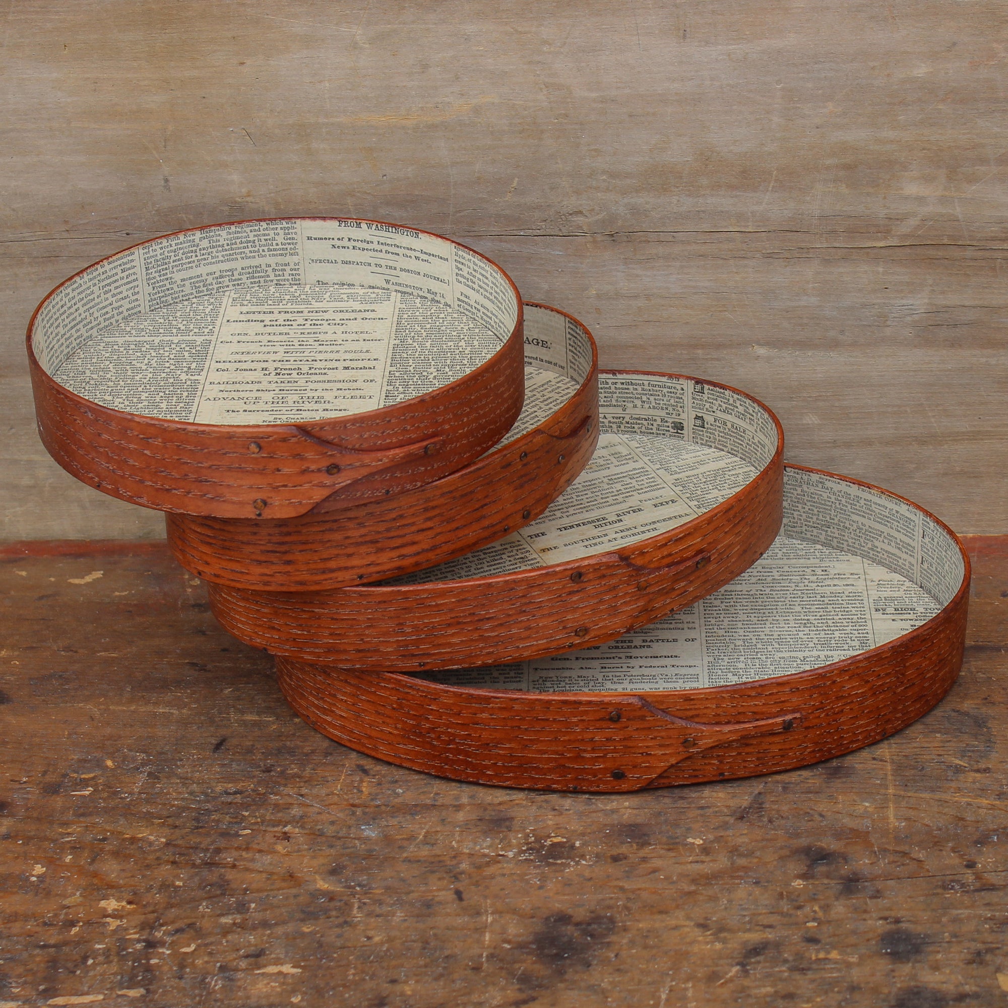 Set of four trays (Size #3, #4, #5 and Round Tray) Civil War-Era Newspaper Lined