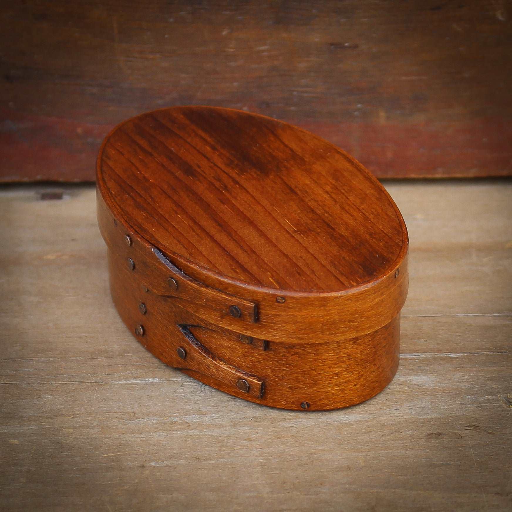 Shaker Oval Box, Size #0, LeHays Shaker Boxes, Handcrafted in Maine.  Antiqued Natural Finish, Side View